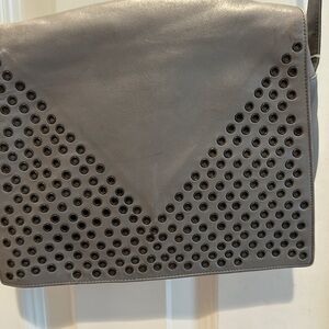 Maud Frizon Leather Grommet Unique Vintage Grey Flap Crossbody Shoulder Bag EUC